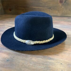 Lovely Bird San Miguel Fedora Hat 100% Wool Leather Braid Navy Blue